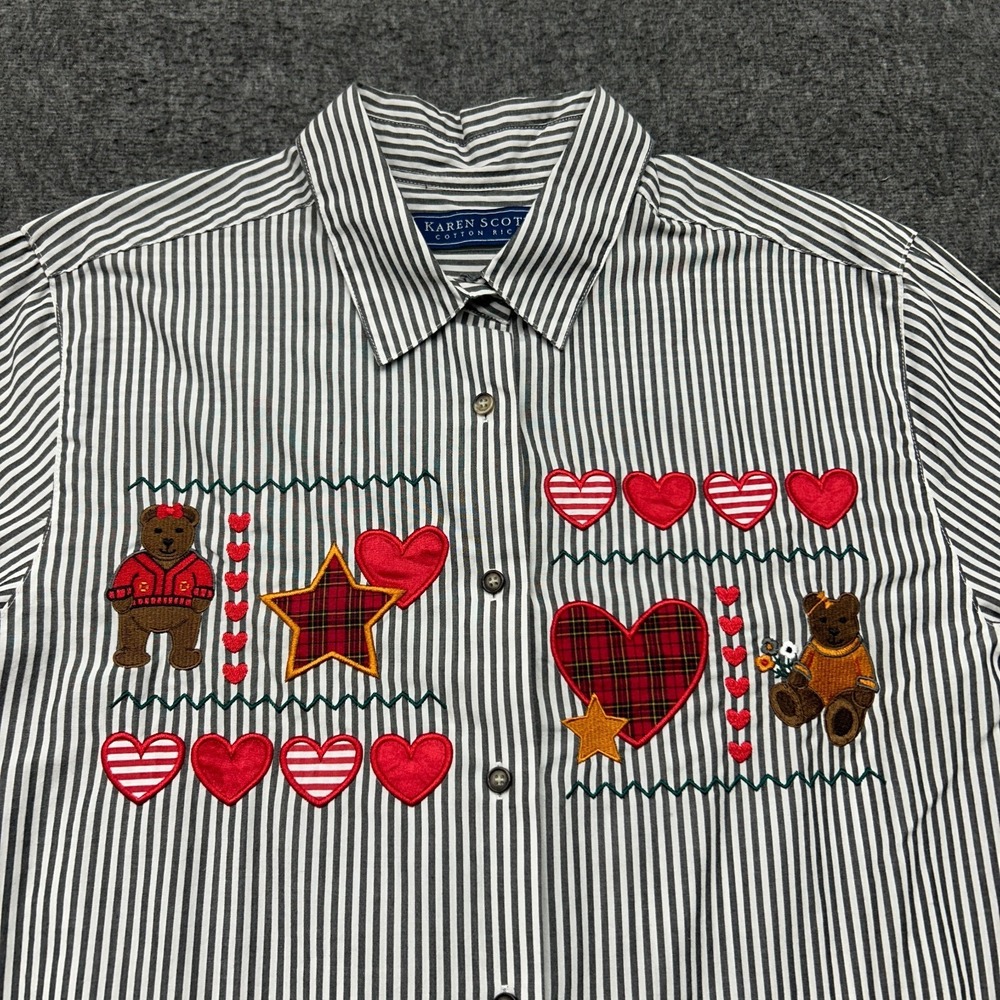Karen Scott Shirt Large Valentines Embroidered‎ Bear Cottage Grandma Teacher Mom